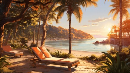 tranquil relax beach scene with ample copy space, bathed in the warm and golden hues of late afternoon sunlight, portraying a relaxing coastal retreat