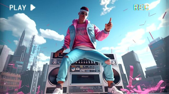 Young rapper sitting on big tape recorder. Seamless looping time-lapse 4k video animation background