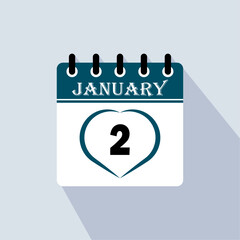 Icon calendar day - 2 January. 2nd days of the month, vector illustration.