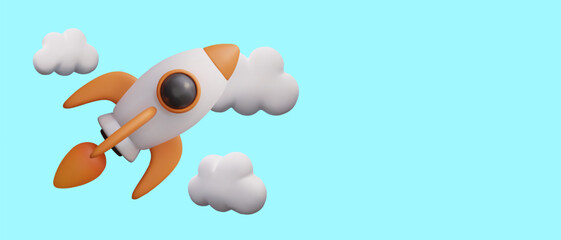 Rocket flies in stratosphere. 3D spaceship near clouds on blue background