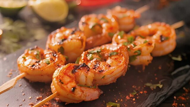 A succulent shrimp skewer grilled to perfection and drizzled with a zesty tequila lime marinade a fiery and fresh taste explosion.