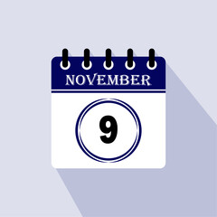 Icon calendar day - 9 November. 9th days of the month, vector illustration.