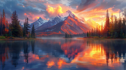 sunset in the mountains behind a lake