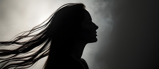 Silhouette of Woman with Flowing Hair in Wind