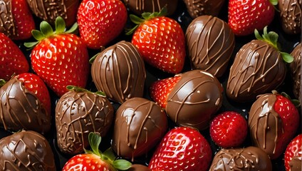 Fresh strawberries dipped in melting dark chocolate. Chocolate dessert. - obrazy, fototapety, plakaty