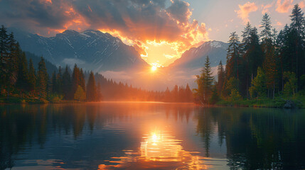 sunset in the mountains behind a lake