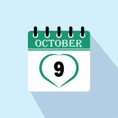 Icon calendar day - 9 October. 9th days of the month, vector illustration.
