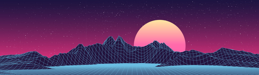 Abstract retro mountains on background of starry sky. 3D topographic map of terrain planet Earth. Vector grid landscape with lines and dot. Futuristic digital wireframe floor in style of 80s and 90s. - obrazy, fototapety, plakaty