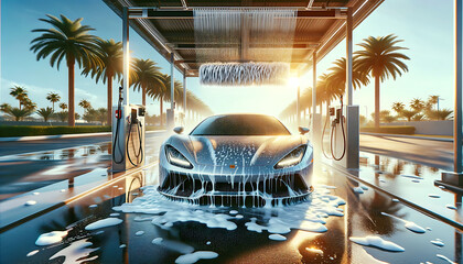 Luxurious Sports Car Getting Detailed Wash with Suds and Foam - obrazy, fototapety, plakaty