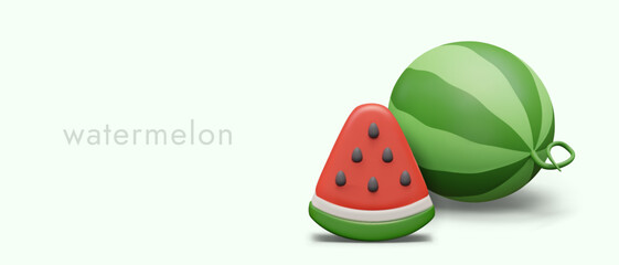 Vector poster with 3D watermelon. Whole juicy vegetable and slice