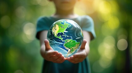 Globe planet earth in children's hands on a green background. The concept of preserving environmental ecology, recycling, and controlling greenhouse gas emissions