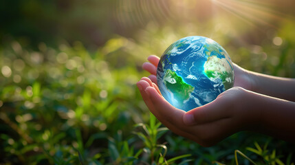Globe planet earth in children's hands on a green background. The concept of preserving environmental ecology, recycling, and controlling greenhouse gas emissions