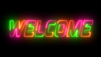 Glowing 3D Welcome text on the black background. Animated of the welcome word in multicolor. welcome text on a neon sign.
