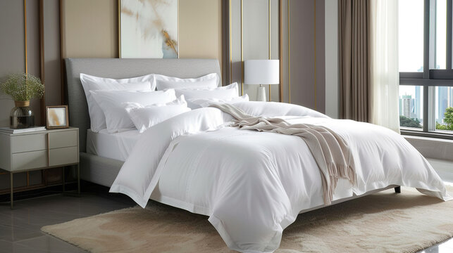 Luxurious bedroom with a window, with a large empty double bed with white linens and pillows. Comfortable sleep