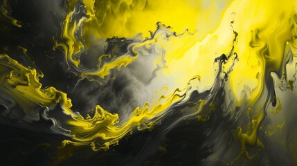 An abstract fluid canvas of bright yellow and deep gray, conjuring images of a sunlit landscape after a storm.