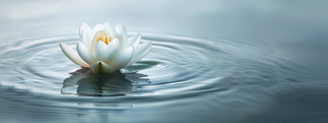 Naklejka na ściany i meble A serene and minimalist scene capturing a single lotus flower floating gracefully on the surface of tranquil, still water. The scene exudes a sense of peace and meditation, with the gentle ripples aro