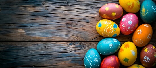 Fototapeta na wymiar a bunch of colorful easter eggs on a wooden table . High quality