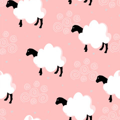 Cute pattern with sheep and lambs. Tender red hearts in a seamless illustration