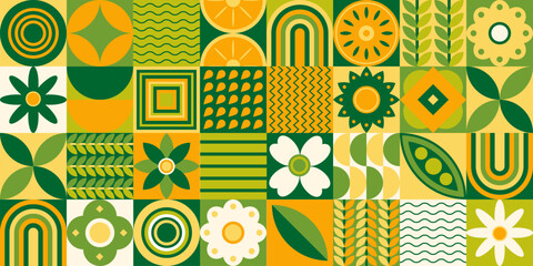 Geometric flat composition of plants and fruits, abstract decorative art, web banner and poster with ornamental tile pattern. Vector illustration.