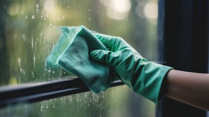 a hand in a glove washing a window glass - obrazy, fototapety, plakaty