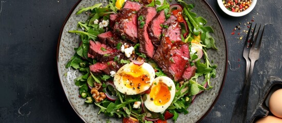 A delicious dish featuring eggs, steak, and lettuce served on a table. This recipe combines proteinrich ingredients with fresh leafy greens for a satisfying meal