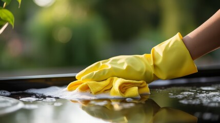 a hand in a glove washing a window glass