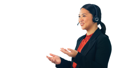 Customer support, business and happy Asian woman for consulting service, contact and communication. Call center, telemarketing and person with headset on isolated, png and transparent background