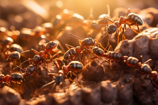 A close-up of a busy colony of ants, each one focused on its task, with the morning sunlight casting a warm glow on the bustling activity.