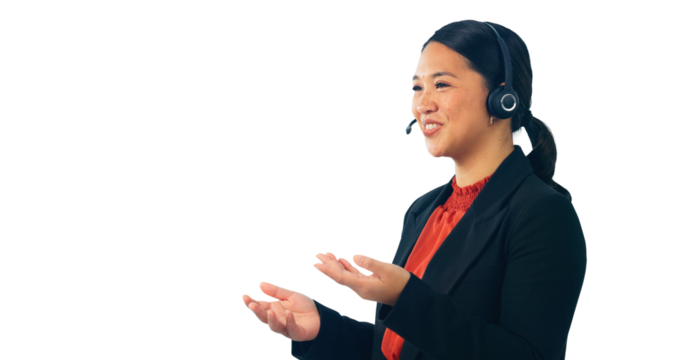 Customer support, business and happy Asian woman for consulting service, contact and communication. Call center, telemarketing and person with headset on isolated, png and transparent background