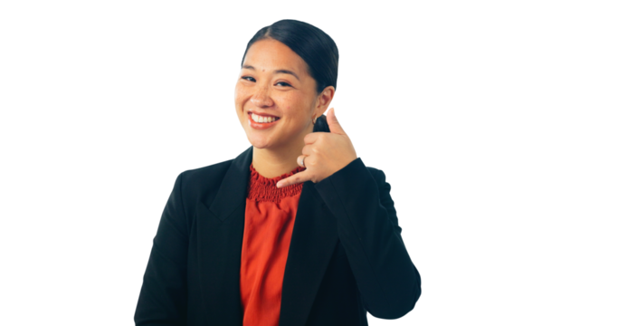 Business woman, portrait and call me gesture for communication, promotion or connection. Asian person, face and hand for about us chat on isolate transparent png background, conversation or emoji