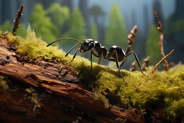 A close-up of a determined ant carrying a seed, its tiny form emphasized against the textured...