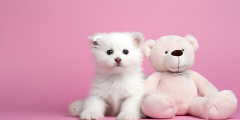 Fototapeta na wymiar Baby dog with fluffy white cartoon dog closeup photo wallpaper background Funny little british kitten in a pink background Ai Generative