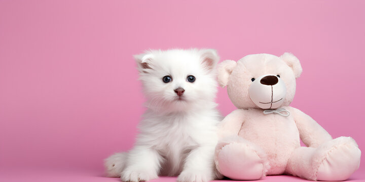 Baby dog with fluffy white cartoon dog closeup photo wallpaper background Funny little british kitten in a pink background Ai Generative
