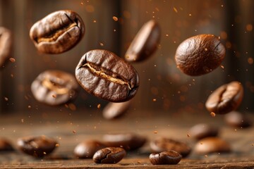 Roasted coffee beans levitating on dark background with copy space, ideal for text and design.