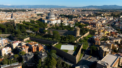 Aerial view of the Vatican City gardens located behind St. Peter's Basilica in Vatican in Rome,...