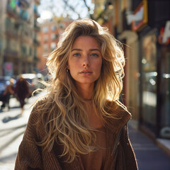 Captivating blonde girl gazes confidently at the camera on a sunlit Barcelona street, radiating charm and embracing the city's allure