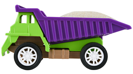 Toy mining dump truck isolated on a transparent background.