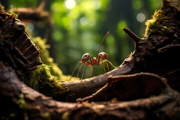 A close-up of a solitary ant carrying a leaf many times its size, navigating through a maze of...