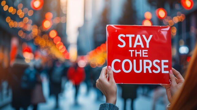 Woman holding  stay the course  sign, symbolizing motivation and success on a blurred background.