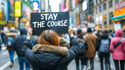 Motivation  woman holding  stay the course  sign for success on abstract blurred background. - obrazy, fototapety, plakaty