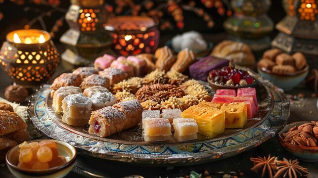 Rich plate with Maamoul and Turkish delight. Small bowls of dried fruits and nuts. Eid al-Fitr sweets in festive backdrop with lanterns and flowers. AI Generated