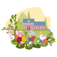 Rural house with trees and frame of flowers and fruits. Vector illustration.