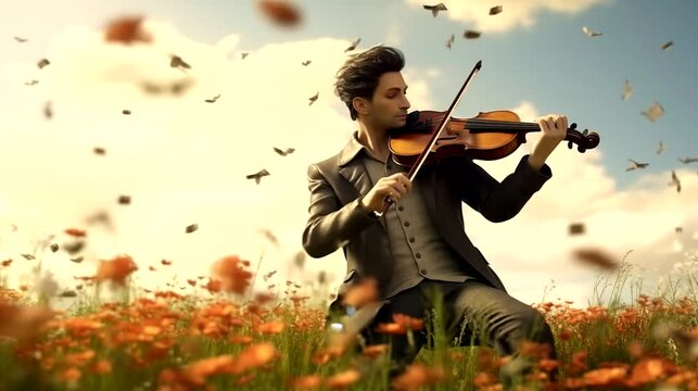 Person playing violin in meadow with looping sound waves. Seamless looping time-lapse 4k video animation background