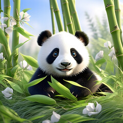 Baby panda rolling around in a bamboo field,Generative AI