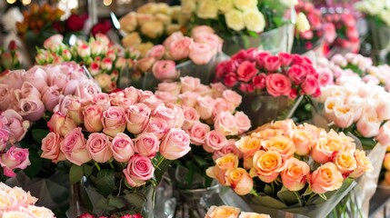 Blumensträuße im Blumengeschäft. Fertiger Strauß Blumen zum kaufen im Geschäft.  
