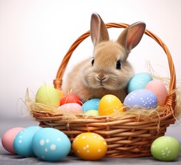 Fluffy sticky bunny in a basket with Easter eggs highlighted on white. High resolution