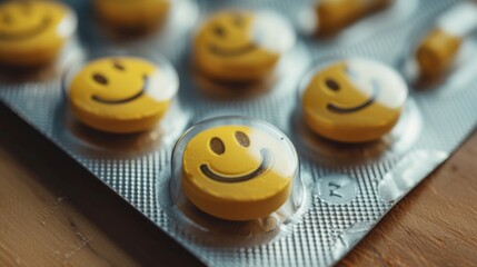 Lustige Tabletten in einer durchsichtigen Packung. Gelbe Smilie Vitamine. Nahrungsergänzungsmittel...
