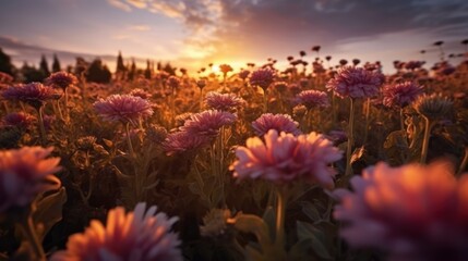 landscape view of sunset in a Chrysanthemum field