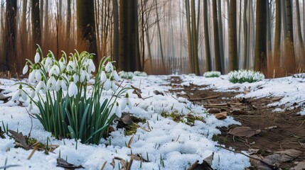 Schneeglöckchen im Wald zum Frühling - obrazy, fototapety, plakaty