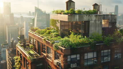 rooftop garden on a building in the city, modern eco friendly office building, go green concept, environment sustainability